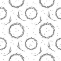 Cute seamless repeat pattern with ears of wheat and wreaths on a white background. Floral ornament with an ear of wheat. Drawn by hand. Delicate pattern, minimalist style, sketch vector