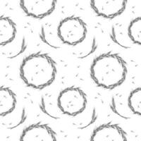 Cute seamless repeat pattern with ears of wheat and wreaths on a white background. Floral ornament with an ear of wheat. Drawn by hand. Delicate pattern, minimalist style, sketch vector