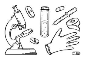 Medical pharmaceutical hospital device set of drawings. Vector illustration of medical equipment, hand drawn