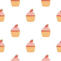 Seamless pattern with delicious cupcake in cartoon style. Vector background with sweets, dessert, pastries.