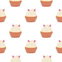 Seamless pattern with delicious cupcake in cartoon style. Vector background with sweets, dessert, pastries.