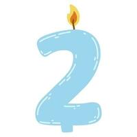 Candle number two in flat style. Hand drawn vector illustration of 2 symbol burning candle, design element for birthday cakes