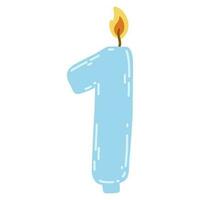 Candle number one in flat style. Hand drawn vector illustration of 1 symbol burning candle, design element for birthday cakes