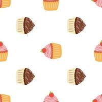 Seamless pattern with delicious cupcake in cartoon style. Vector background with sweets, dessert, pastries.