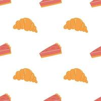 Seamless pattern with croissant and cake. Flat vector background of pastry, bakery product, snack