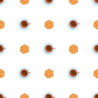 Seamless pattern with coffee mug and biscuits on white background. Flat vector texture for wrapping paper, textile, web design