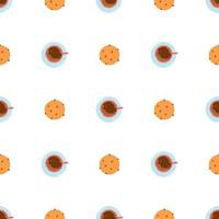 Seamless pattern with coffee mug and biscuits on white background. Flat vector texture for wrapping paper, textile, web design