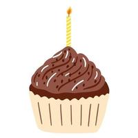 Hand drawn delicious chocolate cupcake with a burning candle in cartoon style. Vector illustration of sweets, dessert, pastries for birthday, anniversary, party.