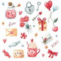 mano dibujado acuarela elementos para San Valentín día. símbolo de romance, amor como corazones, dulces, flores, globos, regalos, letra vector