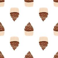 Seamless pattern with delicious chocolate cupcake in cartoon style. Vector background with sweets, dessert, pastries.