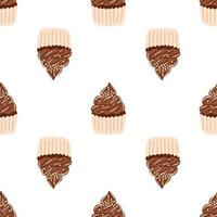 Seamless pattern with delicious chocolate cupcake in cartoon style. Vector background with sweets, dessert, pastries.