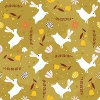 Seamless pattern with bunnies. Rabbits galloping on a lawn with flowers. Seamless vector with animals and flowers for packaging, fabric or paper print.