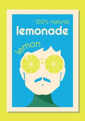 Vector label set for lemonade in retro style.  Label design for strawberry, lemon and orange lemonade with characters wearing big glasses in 70's style.
