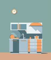 kitchen with front view furniture in blue and orange colors. 2d flat image room interior vector