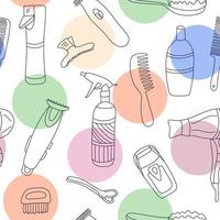 Seamless pattern with hairdressing tools. Doodle style illustration black ink with color elements. Great gor barbershops, wrapping papers, wallpapers, covers. Hair dryer, spray, trimmer, comb, brush. vector