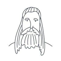 Doodle portrait of a man with long hair, a beard and a mustache. Isolated outline. Hand drawn vector illustration in black ink on white background.