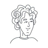 Doodle portrait of a guy with long curly hair. Isolated outline. Hand drawn vector illustration in black ink on white background