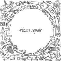 Home repair tools frame. Hand drawn vector illustration isolated on white. Doodle border design