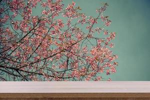 Empty wooden table for product or montage and pink blossom with vintage toned. photo