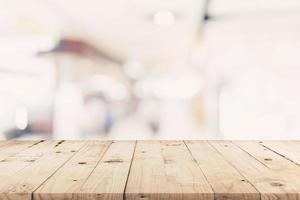 Empty wooden table and Blurred background - Store of shopping mall blur background bokeh with display montage for product. photo