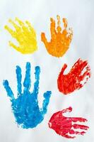 Watercolor colorful hand print on white background photo