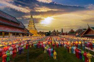 Colorful Lamp and lantern in Loi Krathong Wat Phra That Haripunchai Lamphun Thailand photo