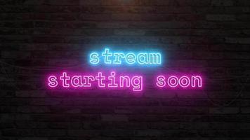 Stream starting soon with neon text effect in wall background. Seamless looping video