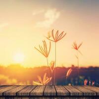 Empty wooden table and field sunset with display montage for product. photo