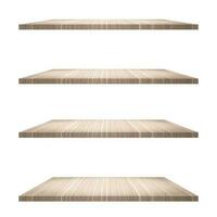 4 Wood shelves table isolated on white background and display montage for product. photo