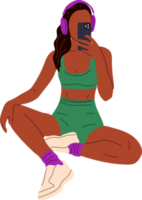 desportivo jovem menina levando uma selfie em smartphone.fit mulher dentro Academia Atlético roupas. menina leva espelho selfie com uma Smartphone. png