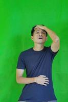 expressive casual Balinese Asian guy model for advertising with green screen studio background photo