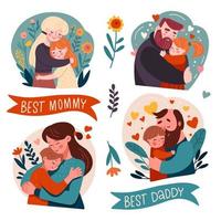Bundle of happy loving family scenes stickerts. Mother's and father's day cards collection. Flat vector illustration. Happy chidhood concept with Hand drawn lettering inscription - best mommy, daddy