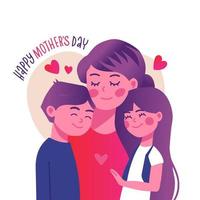 Happy Mother's Day greeting card template. Smiling mom hugs her children. Mom cuddling daughter and son. Postcard for the holiday mom's Day celebration. Flat hand drawn vector illustration.