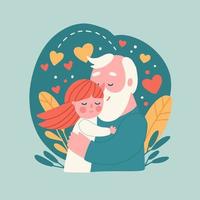 Old man, grandfather, hugs a girl, his granddaughter. Best grandpa ever card concept. Vector flat hand drawn illustration with floral background.