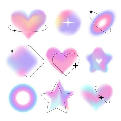 Abstract blurred gradient shapes set, blurry star, ring, heart aura aesthetic elements collection, colorful soft holo lilac gradients. Various geometric forms with blurring effect vector illustration.
