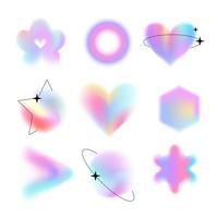 Y2k style blurred gradient shapes set with linear forms and sparkles, blurry heart and circles aura aesthetic elements. Modern minimalistic signs with blur holo lilac gradients. Vector design.