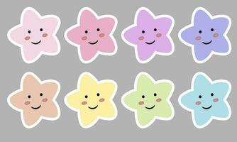 kawaii linda estrellas pastel con sonrisa caras dibujos animados en gris antecedentes para niños. ilustración vector. linda estrella dibujos animados pegatinas vector colocar.