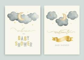 Cute baby shower watercolor invitation card for baby and kids new born celebration. With clouds, moon, stars, teddy bear and calligraphy inscription. vector