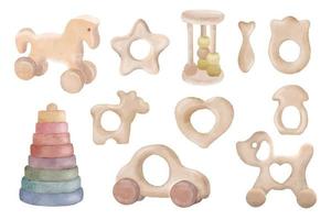 bebé de madera juguete mordedores para recién nacidos acuarela ilustración. vector