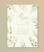 lujo Boda invitación tarjeta antecedentes con verde acuarela botánico hojas. salvar el fecha calendario fecha. resumen floral Arte antecedentes vector diseño para Boda y VIP cubrir modelo.