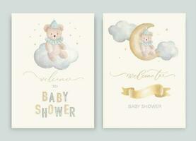 Cute baby shower watercolor invitation card for baby and kids new born celebration. With clouds, moon, stars, teddy bear and calligraphy inscription. vector