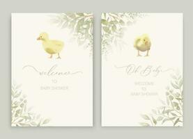 Cute baby shower watercolor invitation card for baby and kids new born celebration. Little ducklings with green leaves. vector