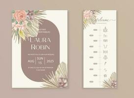 Wedding dried lunaria, rose, pampas grass floral vector card. Watercolor Exotic dried flowers, palm leaves boho invitation template. Save the Date foliage cover, modern poster, trendy design.