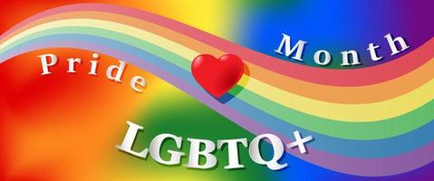 lgbtq orgullo mes. rojo corazón y blanco texto orgullo etiqueta en un borroso arco iris antecedentes. bandera amor es amor. humano derechos o diversidad concepto. modelo lgbt evento bandera diseño. vector