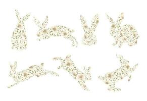 Watercolor style rabbit silhouette illustration set with spring blossom flowers. vector