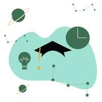 ilustración de un graduación gorra, bombilla, planeta, reloj y otro íconos vector