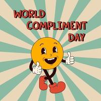 World compliment day concept. Retro groovy smiling character with thumbs up in 60s 70s cartoon flat style. vector