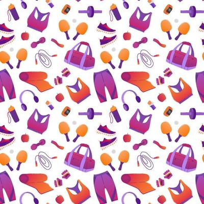 Seamless patten sports items. Sportswear, sneakers, ping pong rackets, bag, headphones, mat, jump rope, dumbbells, press roller. Repeatable background for printing scrapbooking, textile and fitness.