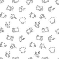 Seamless vector repeating pattern of chefs hat, frying pan, microwave oven. It can be used for web sites, apps, clothes, covers, banners etc