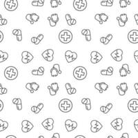 Vector seamless pattern of stethoscope, pulse, pill, medical cross on white background. It can be used for printing on various surfaces